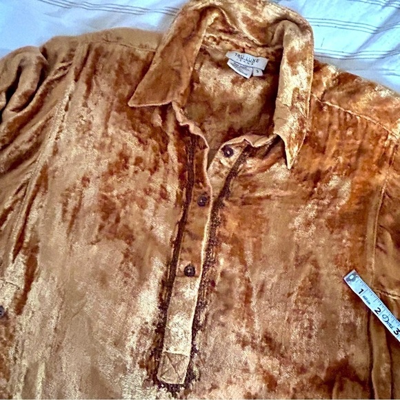 TRU LUXE Washed Velvet Embroidered Placard Button Neck Tunic Gold Long Sleeve S - Picture 8 of 9